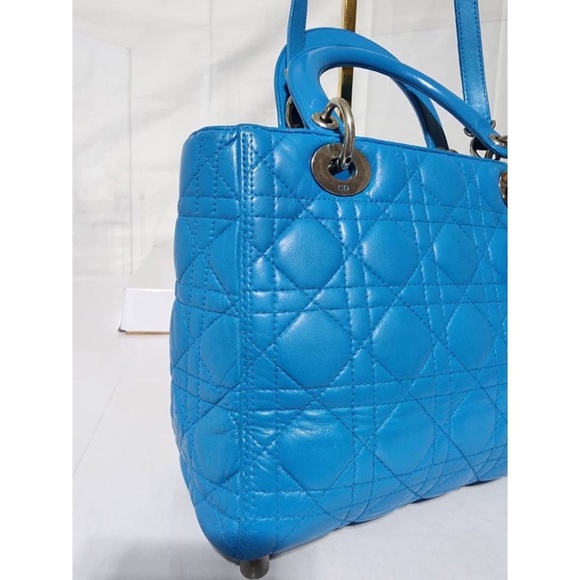 Authentic CHRISTIAN DIOR Lambskin Cannage Medium Lady Dior Satchel Bag Blue - Picture 13 of 16